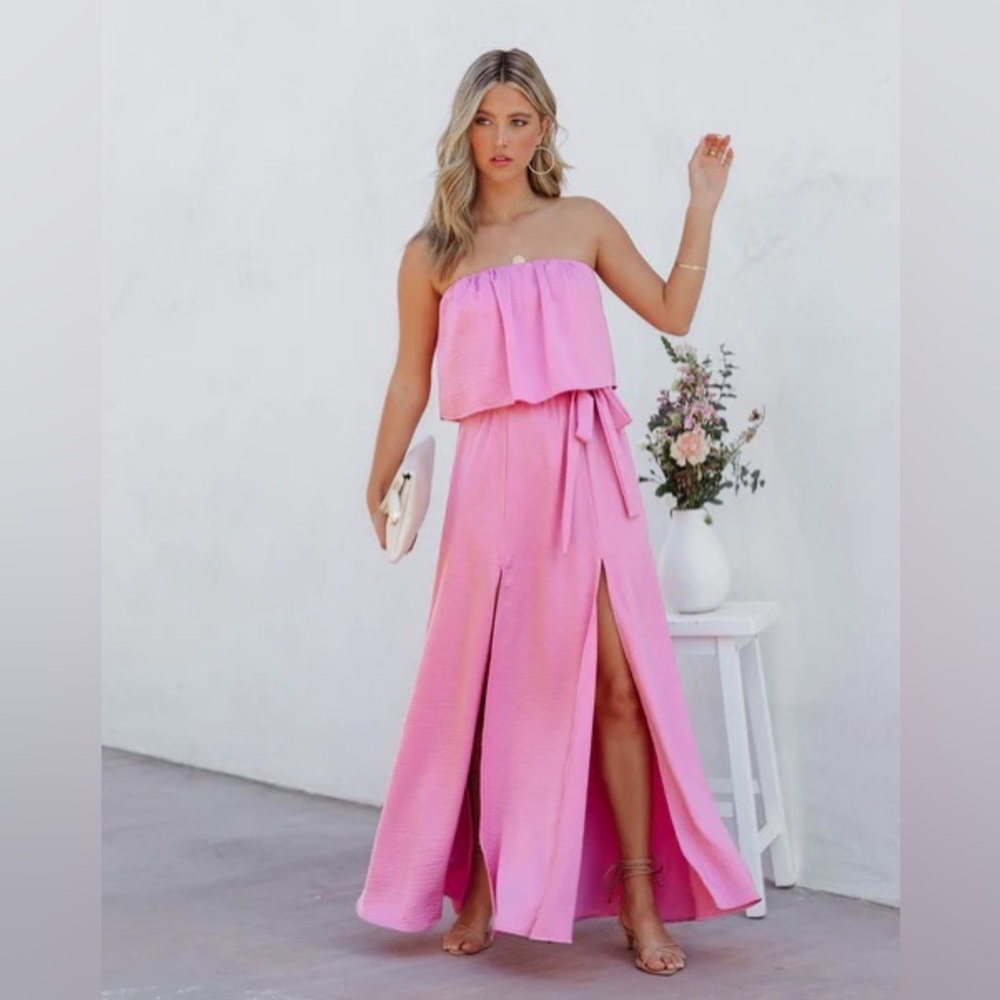 NWT: Vici Collection Head Over Heels Strapless Satin Maxi Dress - Pink - Large